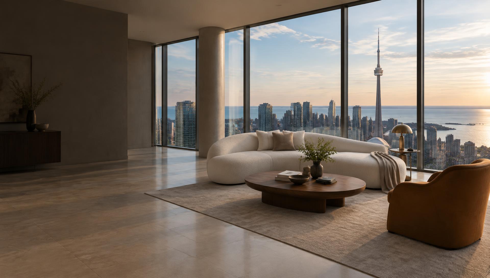 Illustrative luxury living room overlooking the Toronto skyline and Lake Ontario